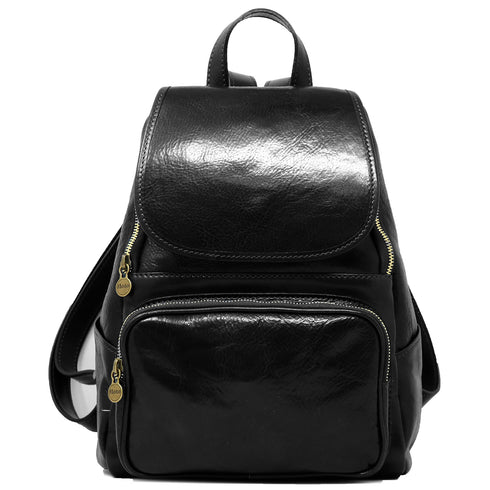 The Floto Livorno leather backpack is a wommen's fashion pack that is handcrafted in Italy. This is the Livorno Backpack in Black. Front view.